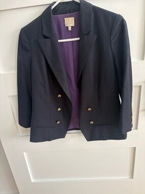 Anthropologie Women’s Double-Breasted Navy Blazer with Purple Lining